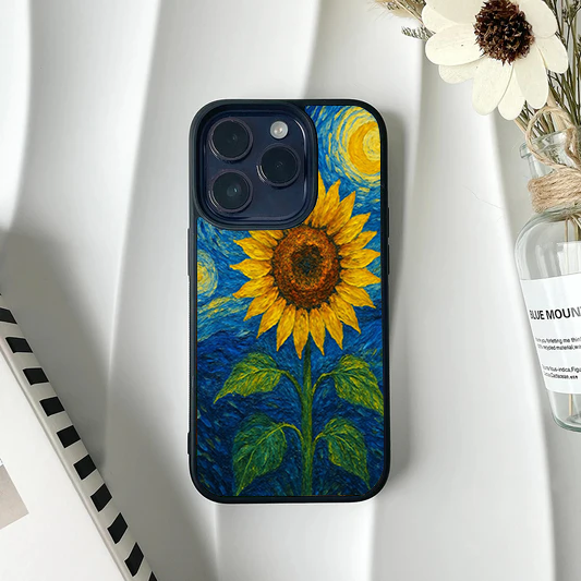Phone case featuring a single, large yellow sunflower painted against a swirling blue starry night background.